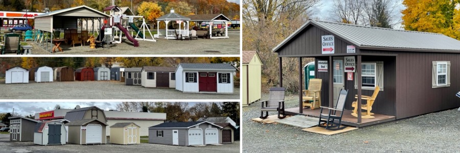 Pine Creek Structures of Binghamton location with sheds, garages, carports, play sets, furniture, and more items on display